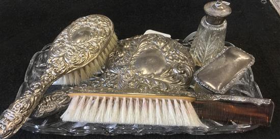 Three-piece silver dressing table set, an atomiser and a glass pin box with silver cover